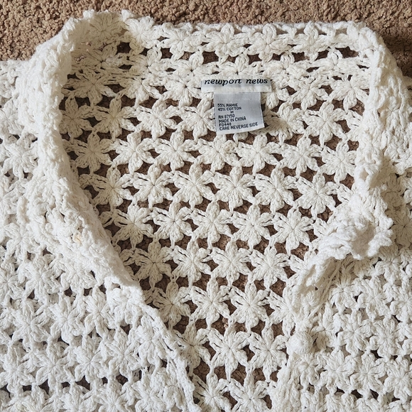 Y2K Ivory Crochet Collared Button Up Shirt Boho Cottage Festival Renaissance M - Picture 2 of 8